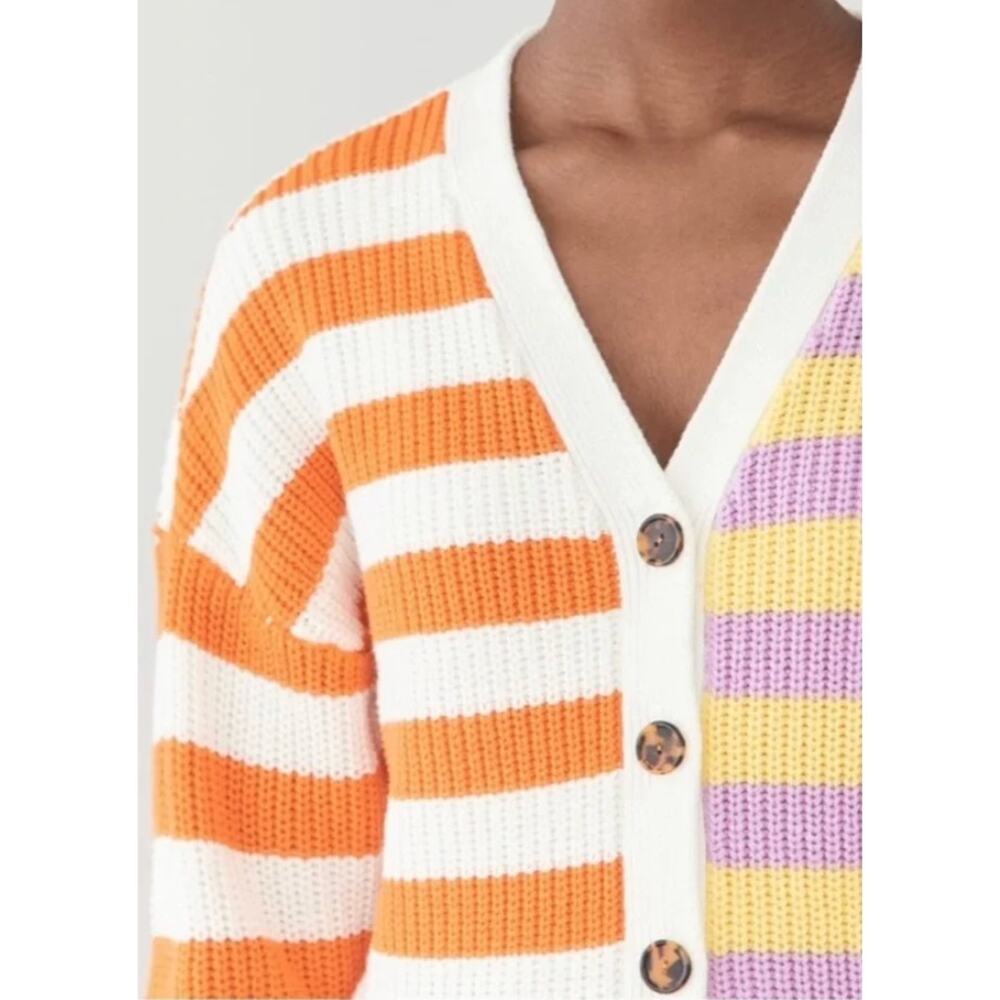 STAUD Essex Cardigan Cabana Stripe Orange Yellow Cream Purple Multi Large V-neck - Picture 12 of 16